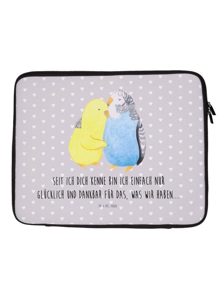 Laptop Tasche Wellensittich Liebe mit Spruch in Grau Pastell