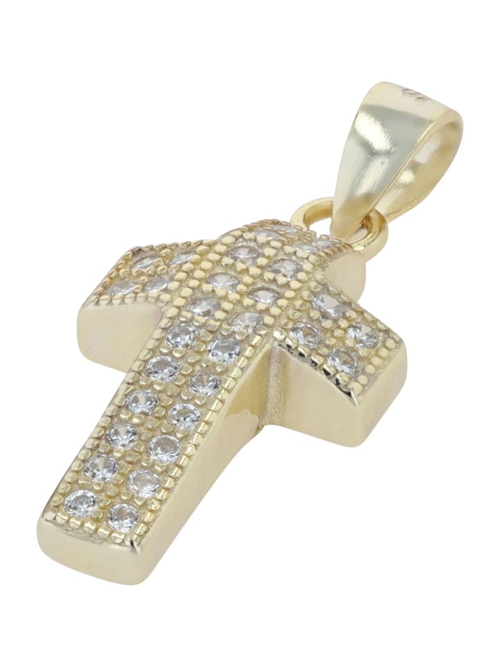Damen Anhänger – Kreuz Kreuzanhänger aus 925 Silber mit Zirkonia in gold