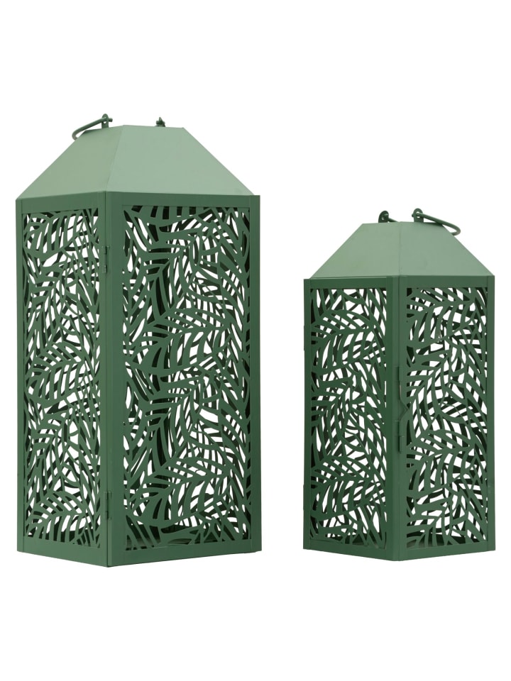 Set aus 2 geschnitzten Metalllaternen, 18 x 18 x 44 cm – 14 x 14 x 34 cm