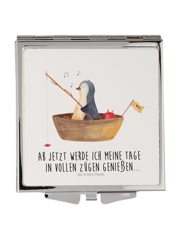 Schminkspiegel Pinguin Angelboot mit Spruch in Weiß