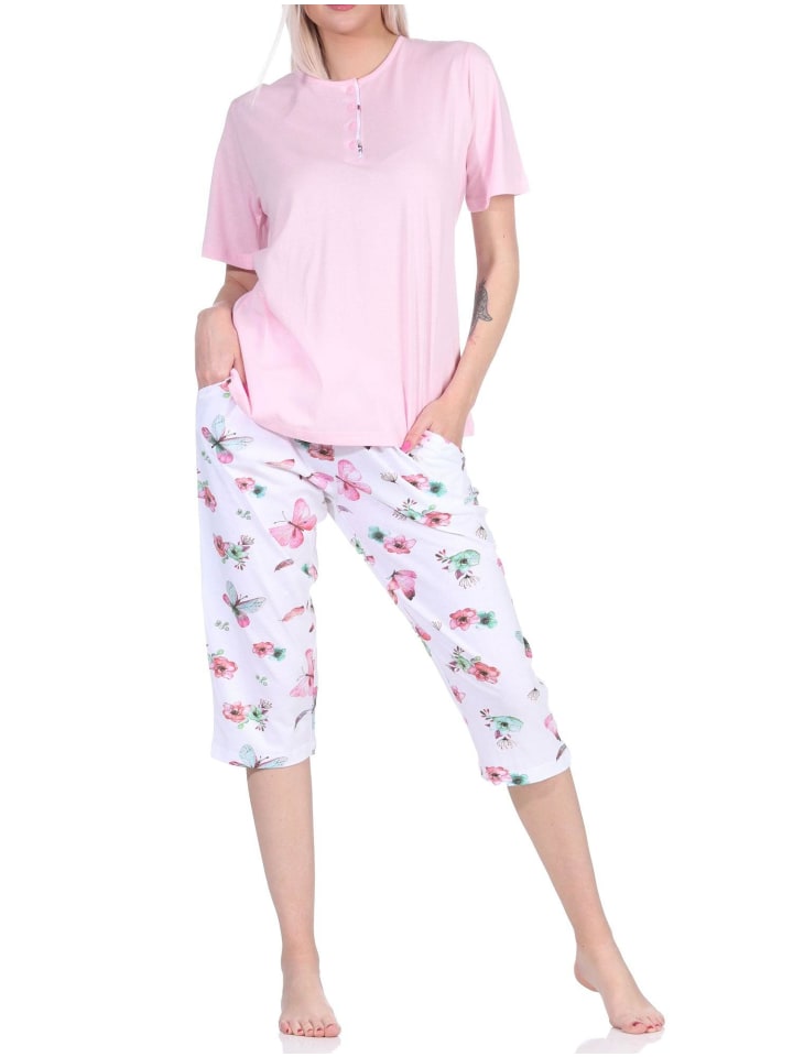 Capri Schlafanzug kurzarm floraler Print in rosa