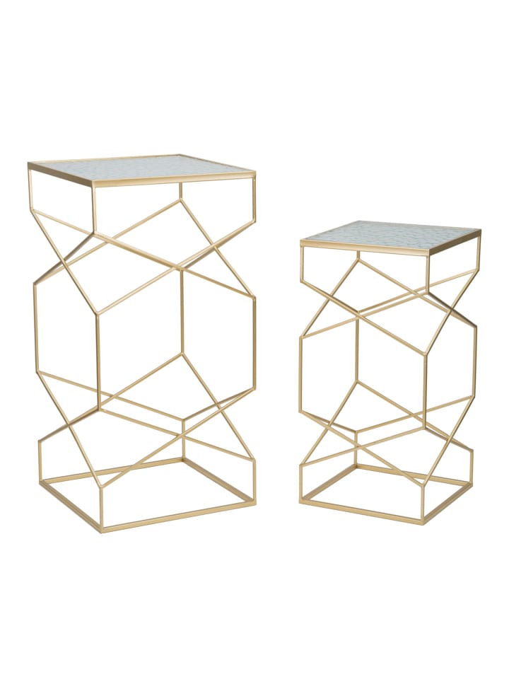 Set aus 2 Couchtischen aus goldfarbenem Metall und Glas, 50x50x100-40x40x80 cm