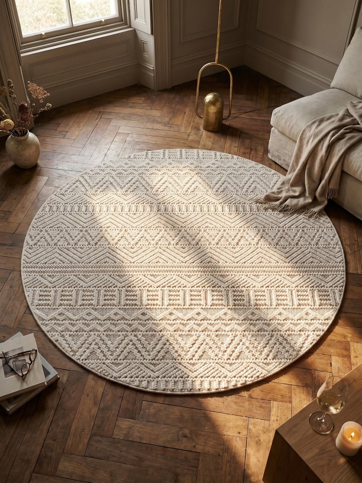 Flachgewebe-Teppich Ethno Streifen Boho Pflegeleicht in Creme