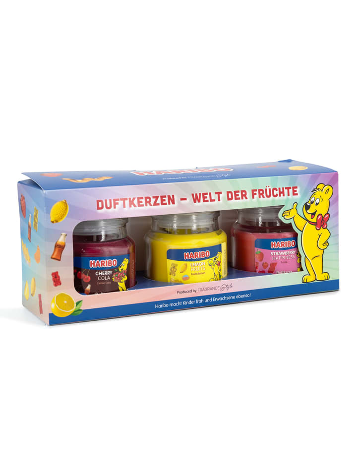 Haribo™ 3er Duftkerzen-Geschenkset "Frucht Power"