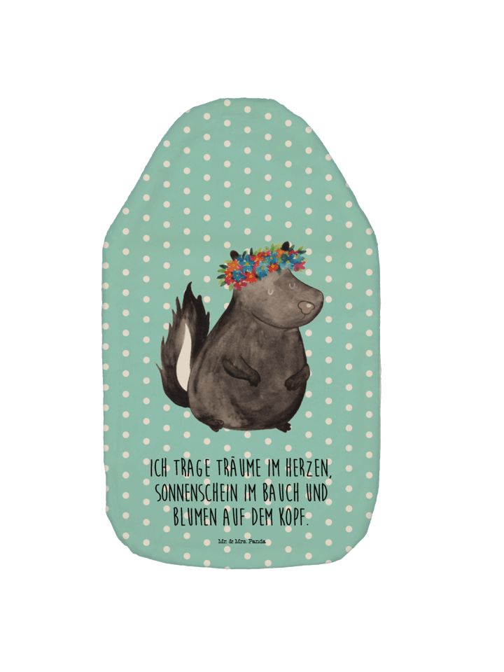 Wärmflasche Stinktier Blumenmaedchen mit Spruch in Türkis Pastell