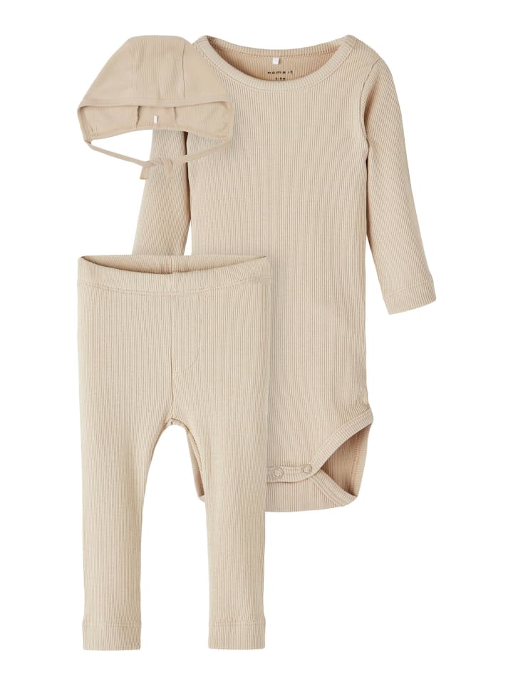 Unisex Baby Set Body, Hose und Mütze in Weiß