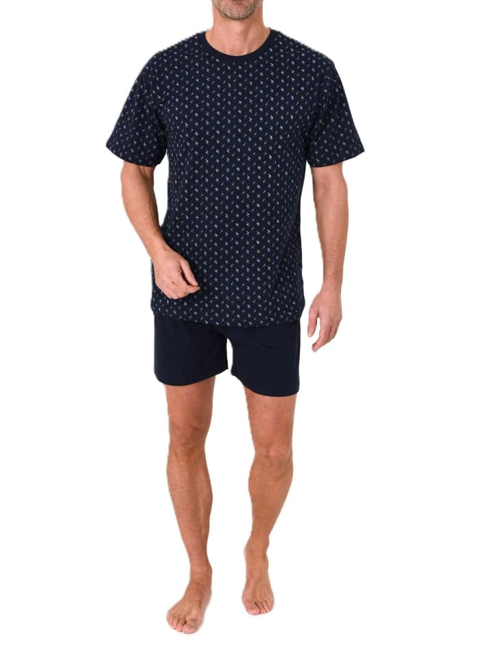 Kurzarm Schlafanzug Shorty Pyjama Minimalprint in navy