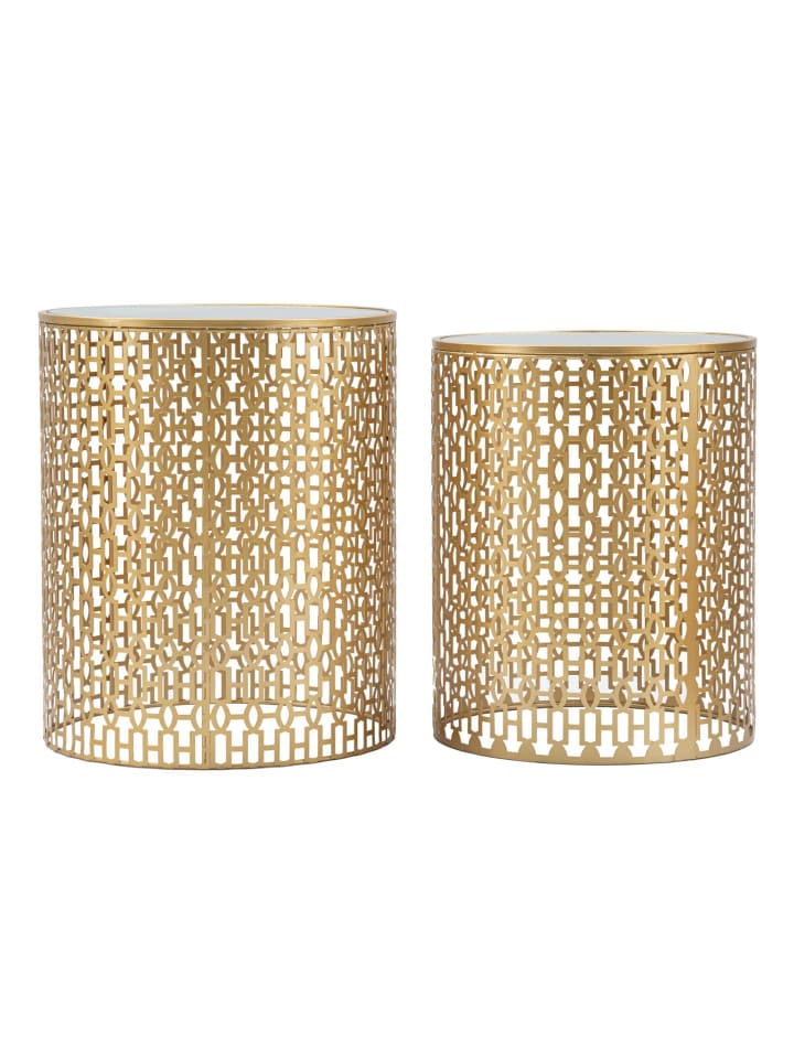 Set aus 2 geschnitzten Goldmetalltischen Ø cm 41x50-37,5x47