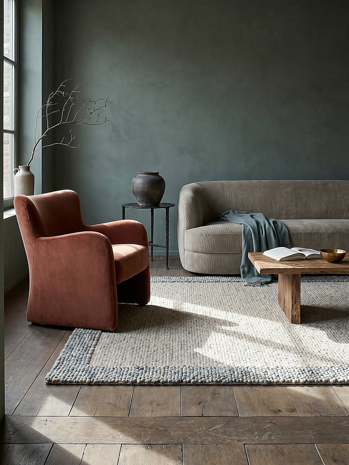 Teppich Wolle MOAT Bordüre Wohnzimmer Modern Wohnlich in Blau-Natur