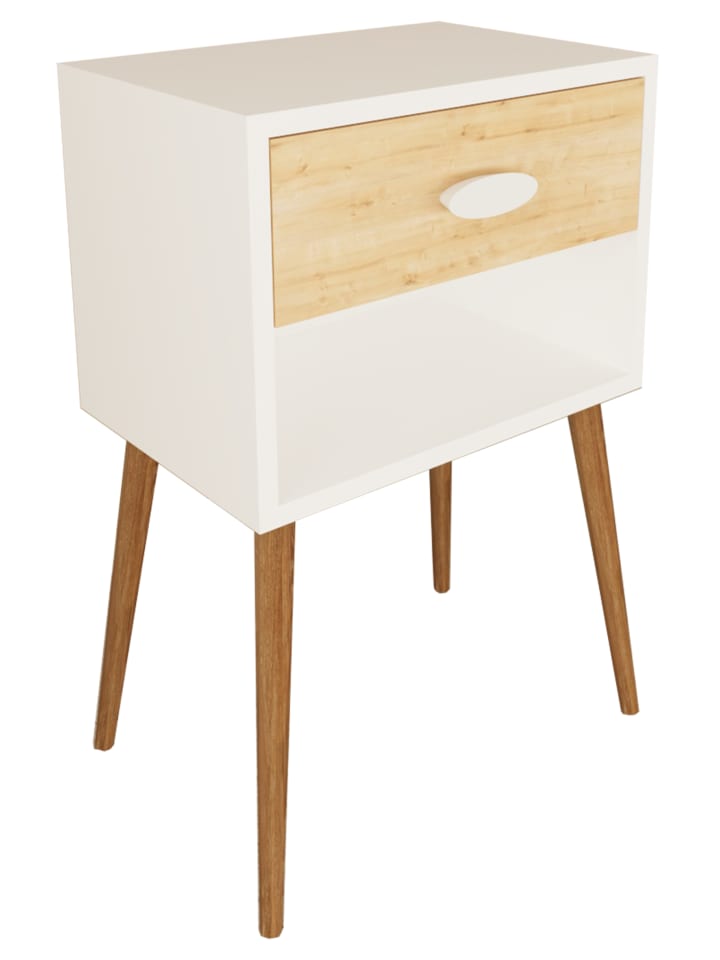 Holz Nachttisch Beistelltisch Schublade Singol XL in Weiß / Honig-Eiche