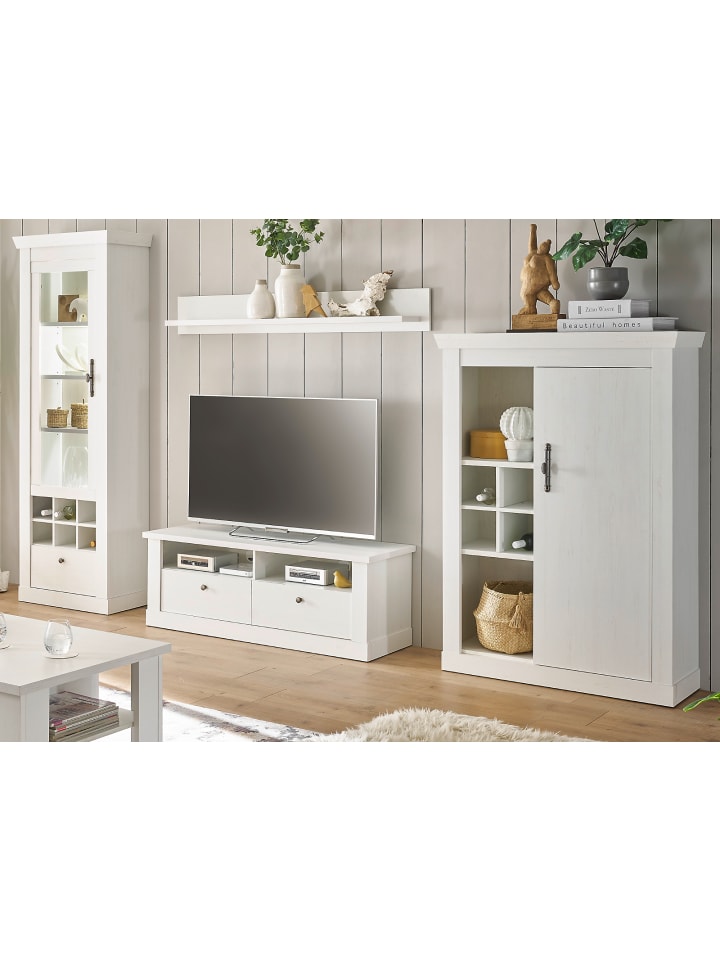 Wohnwand weiß Pinie Landhaus, Wohnkombination 4-teilig, Soft-Close-Funktion