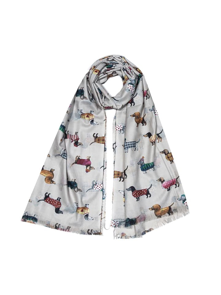 Schal Dackelmotiv Alloverprint Feine Fransen in Beige