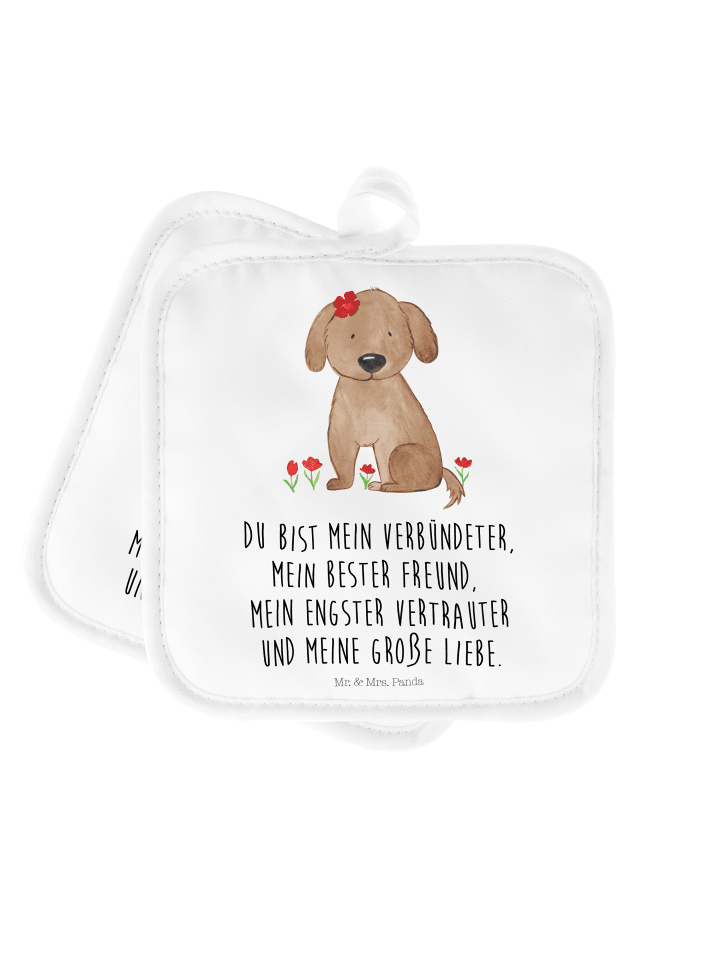 Topflappen Hund Dame mit Spruch in Weiß