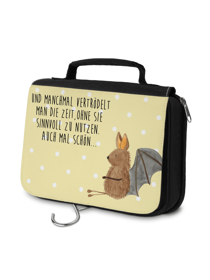 Kosmetiktasche Fledermaus Sitzen mit Spruch in Gelb Pastell