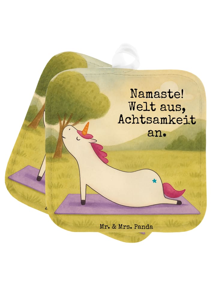 Topflappen Einhorn Yoga Design mit Spruch in Weiß
