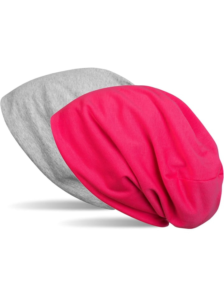 Wende Beanie Mütze in Grau meliert / Pink