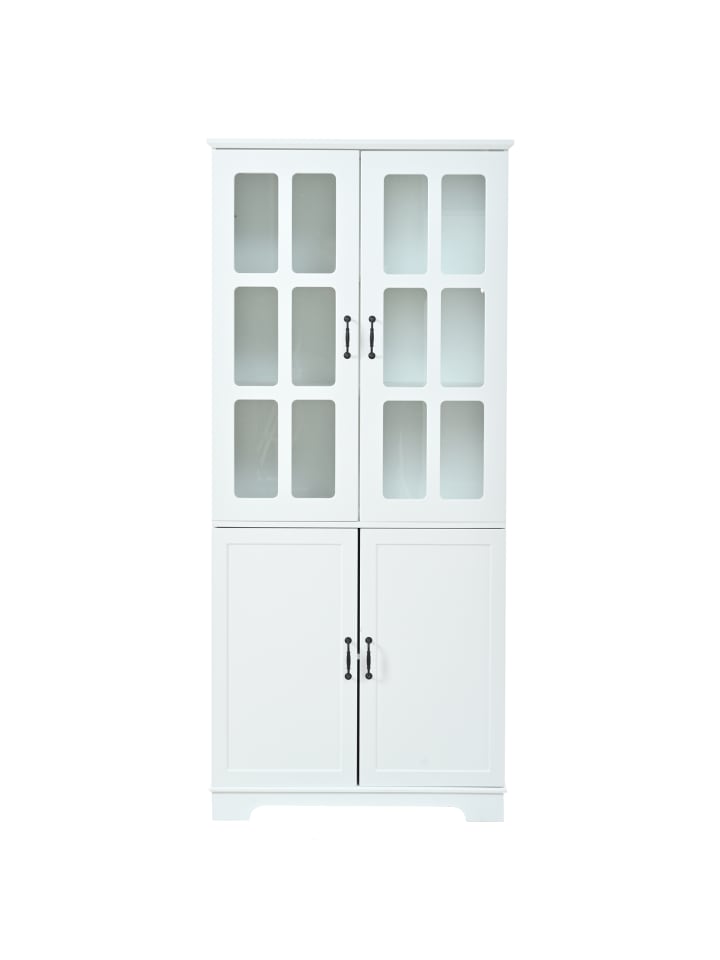 Hochschrank in Weiß 80x38x180 cm mit 2 Glastüren 2 Holztüren 5 Etagen