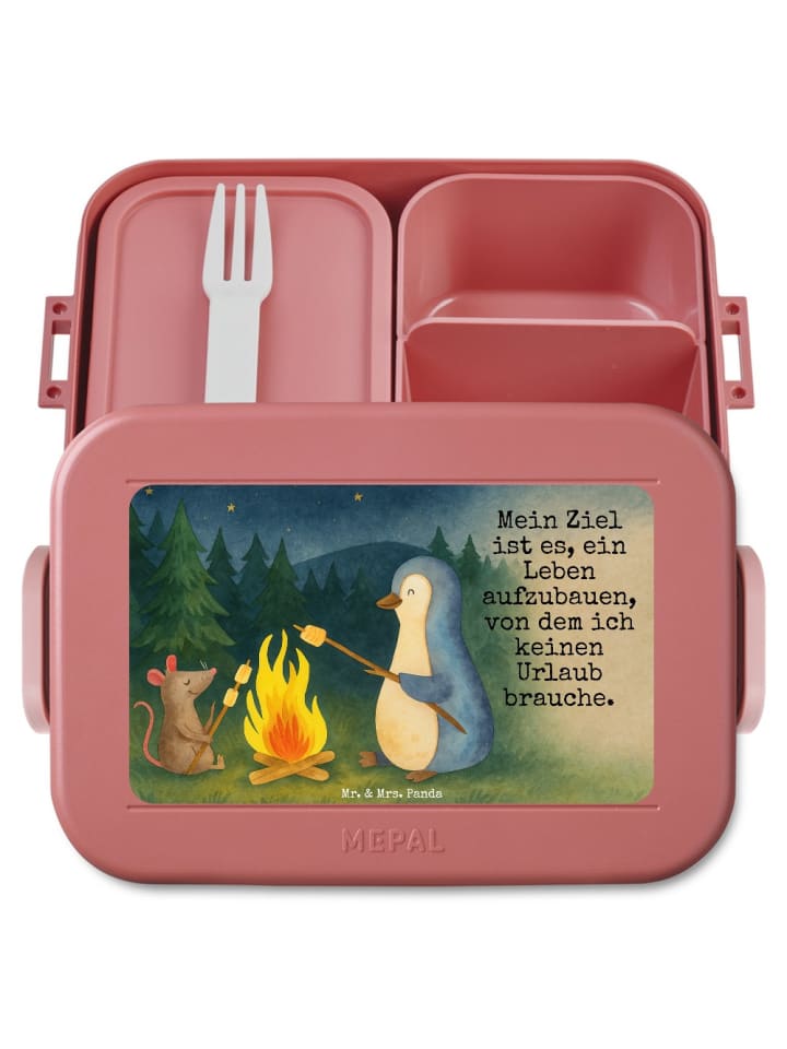 Bentobox Pinguin Lagerfeuer Design mit Spruch in Rot Pastell