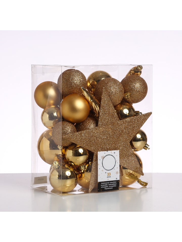33er Set Weihnachtskugeln mit Stern Baumspitze bruchfest gold