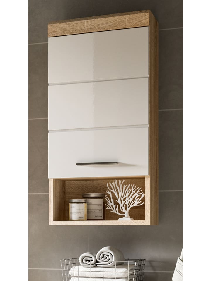 Hängeschrank weiß Hochglanz, Eiche 37 cm, Badschrank hängend