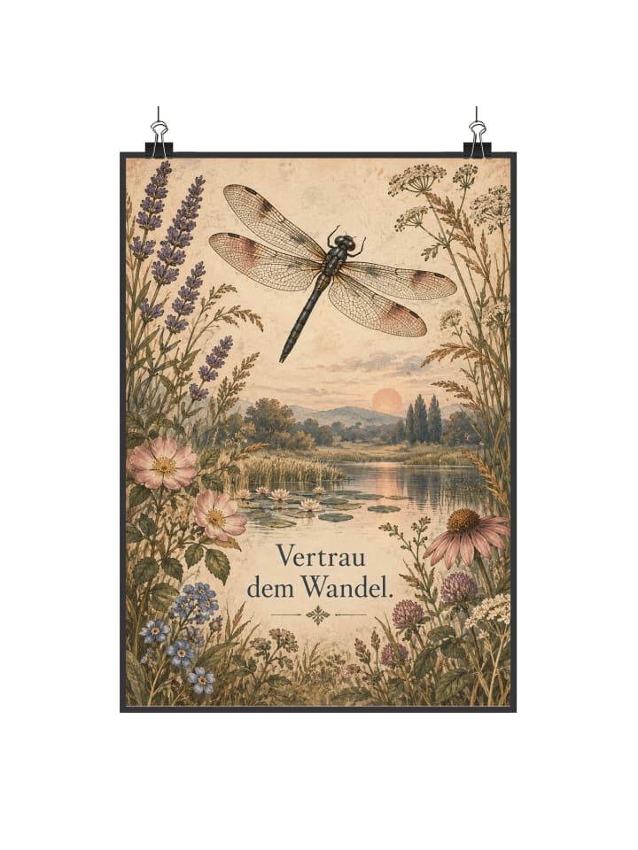 Kunstdruck Libelle romantisch Design mit Spruch in Weiß