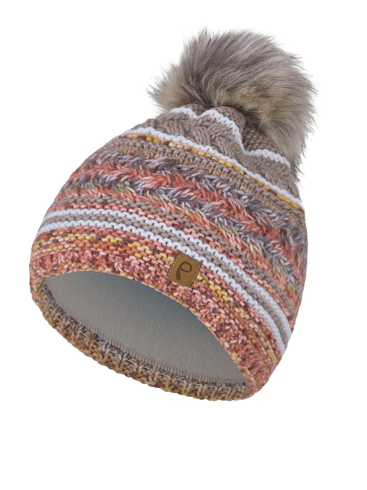 Bommelmütze mit Kunstfell-Bommel und Fleece Futter in Orange