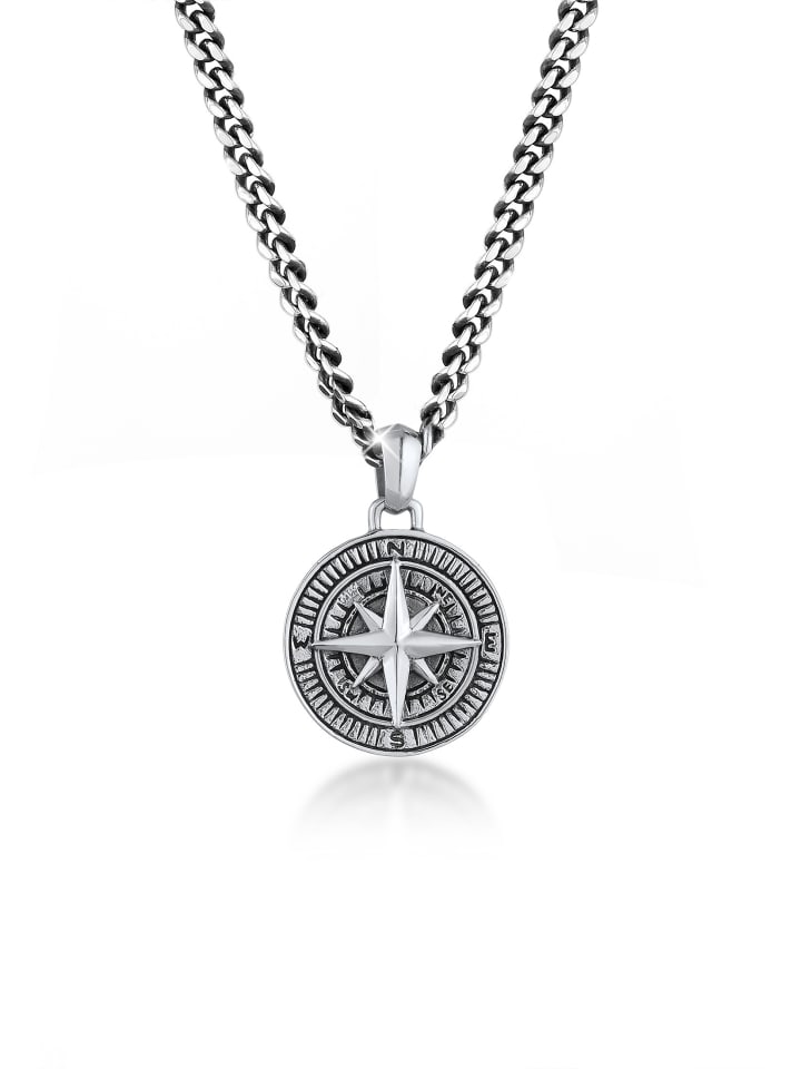 Halskette 925 Sterling Silber Kompass in Schwarz