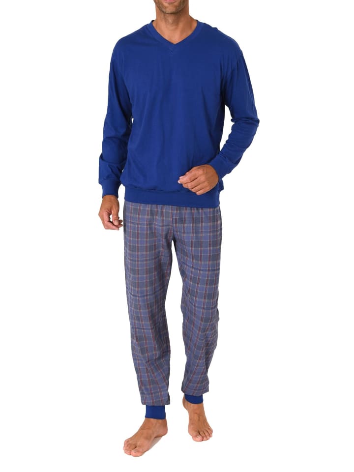 langarm Schlafanzug Pyjama Bündchen und karierter Jersey Hose - 83174 in blau