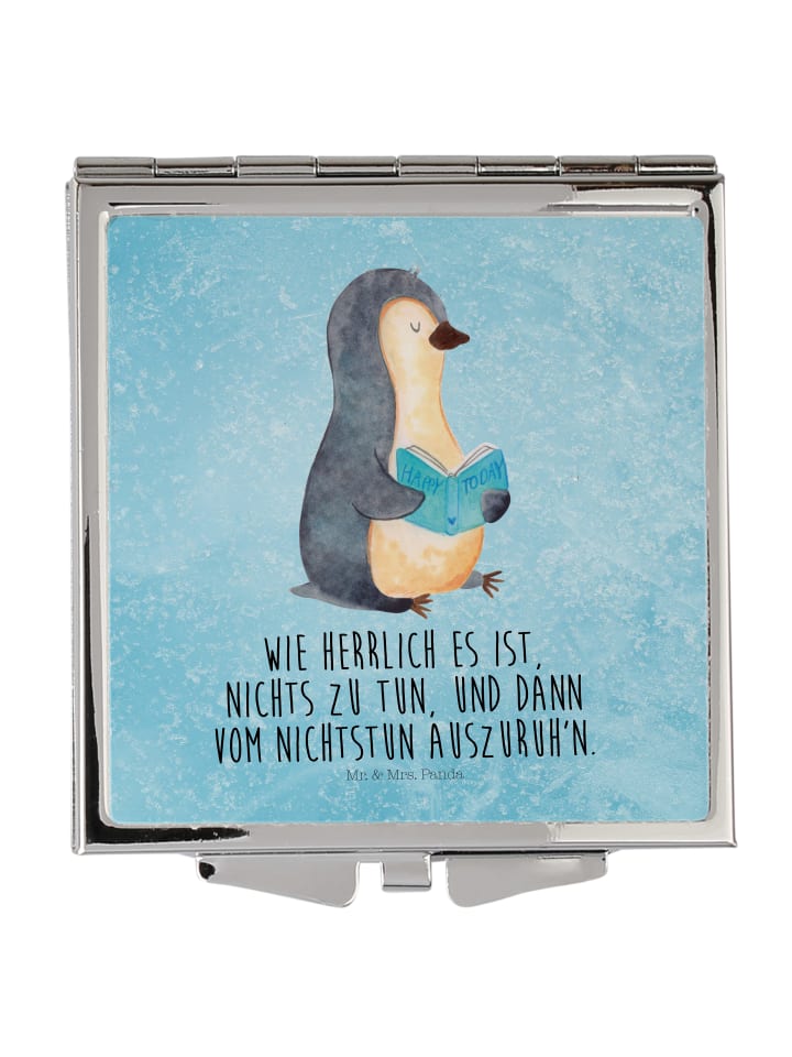 Schminkspiegel Pinguin Buch mit Spruch in Eisblau