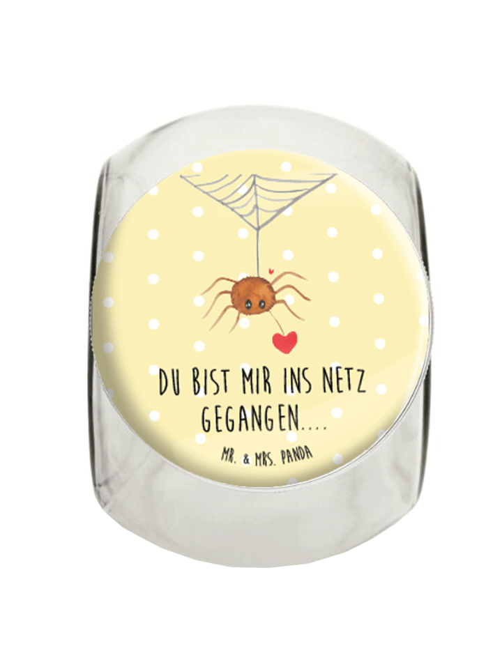 Bonbonglas Spinne Agathe Liebe mit Spruch in Gelb Pastell