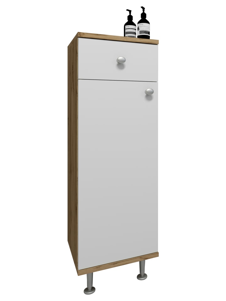 Badmöbel Midischrank Badschrank Schublade Nilosi in Honig-Eiche / Weiß