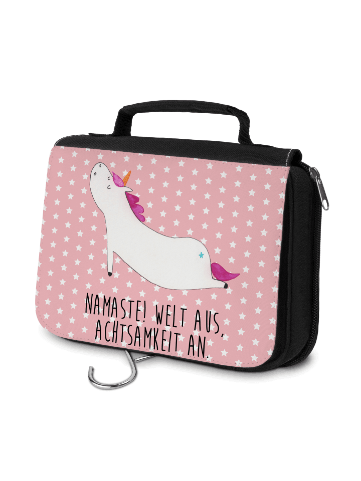 Kulturbeutel Einhorn Yoga mit Spruch in Rot Pastell