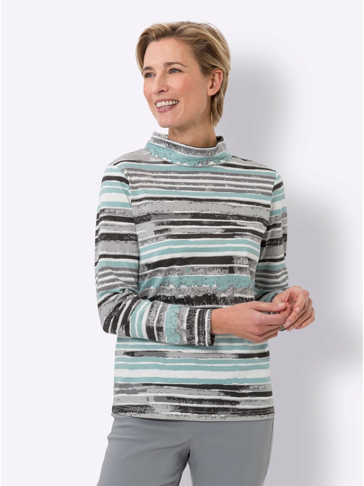 Stehkragen-Shirt in steingrau-salbei-bedruckt