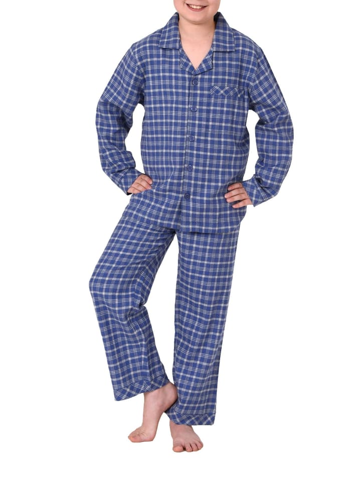 Flanell Pyjama langarm Schlafanzug Karo Knopfleiste - 70131 in blau