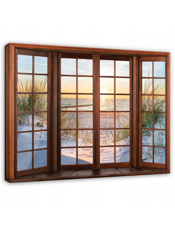 Leinwandbild 3D-Fenster in Beige