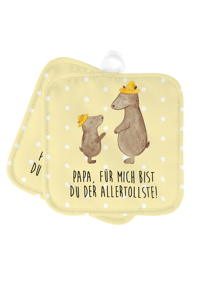 2er Set Topflappen Bären mit Hut mit Spruch in Gelb Pastell