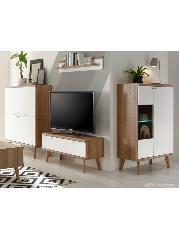 Wohnwand weiß Eiche Riviera, Schrankwand skandinavisch 4-teilig 324 x 160 cm