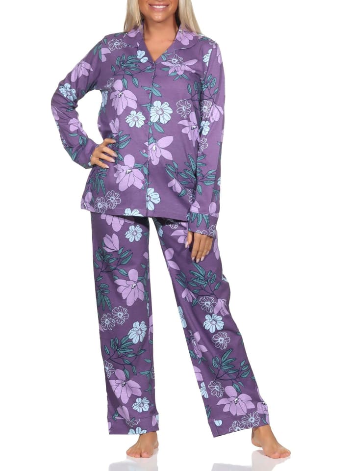 langarm Schlafanzug Pyjama Jersey zum durchknöpfen - 80582 in beere