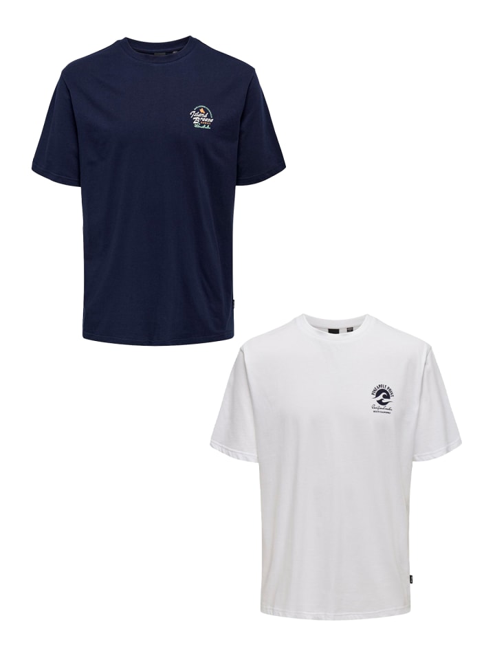 T-Shirt 2er-Set Kurzarm Rundhals Basic Baumwolle Shirt in Weiß-Dunkelblau
