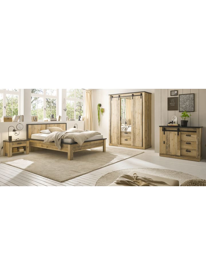 Schlafzimmer-Set 5-teilig in Used Wood, anthrazit mit Bett 140 x 200 cm