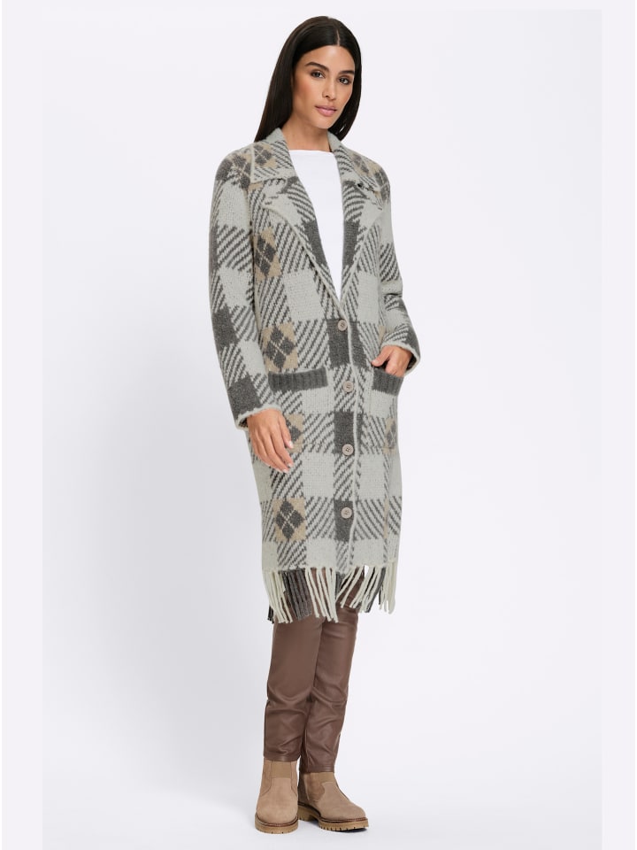 Long-Strickjacke in ecru-sesam-gemustert