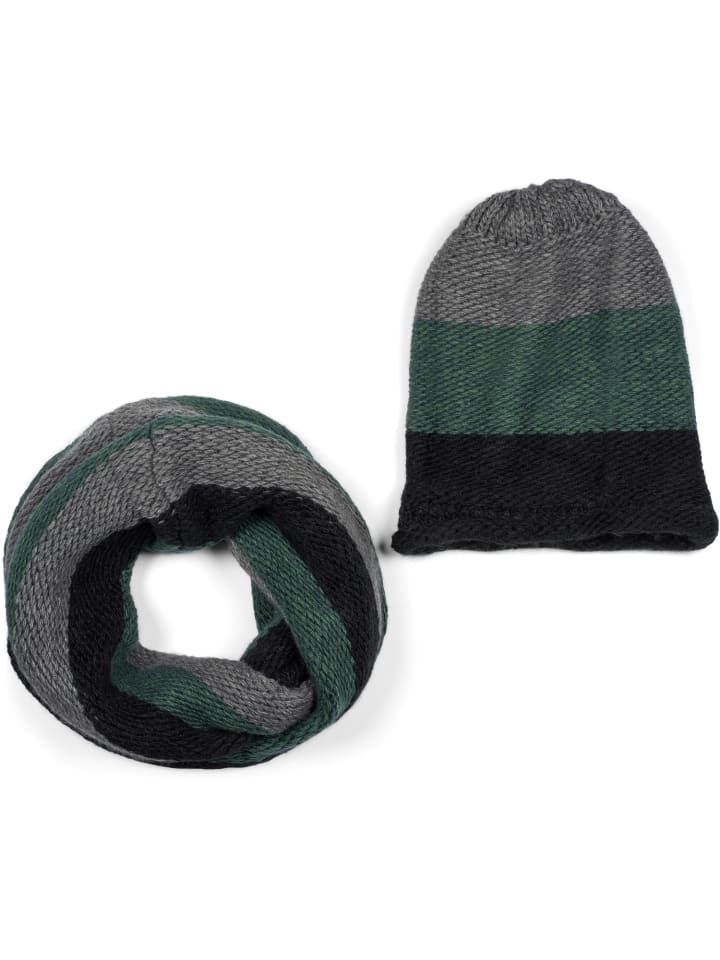 Strick Loop und Beanie Set in Schwarz-Grün-Grau
