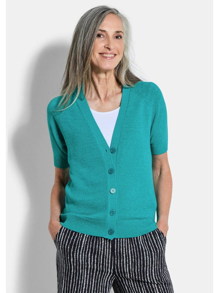 Kurzgröße: Damen Cardigan in Pink, Halbarm in smaragd
