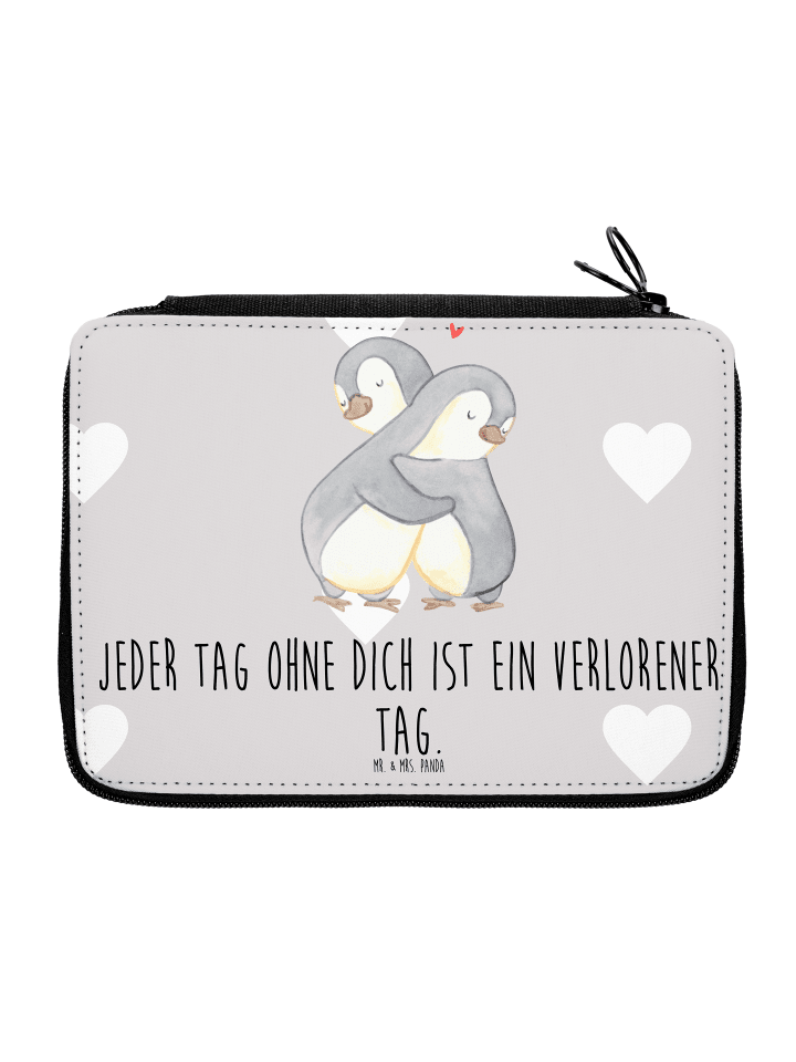 Federmäppchen Pinguine Kuscheln mit Spruch in Grau Pastell