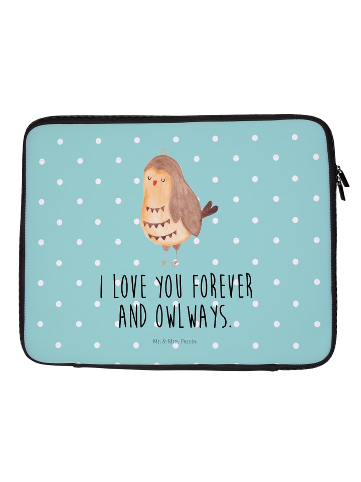 Laptop Tasche Eule Zufrieden mit Spruch in Türkis Pastell