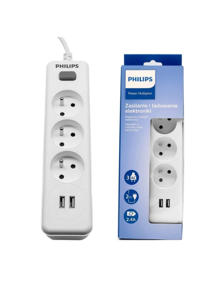 Philips Steckdosenleiste Verlängerungskabel 3 Steckdosen + 2x USB 2m