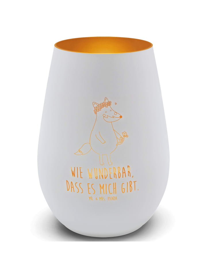 Windlicht Glas Fuchs Blumen mit Spruch in Weiß
