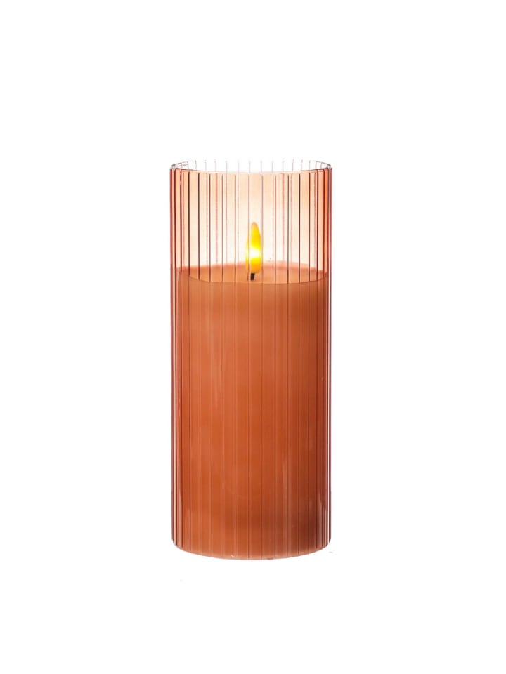 LED Kerze im Glas Windlicht mit Rillen H: 17,5cm in rosa