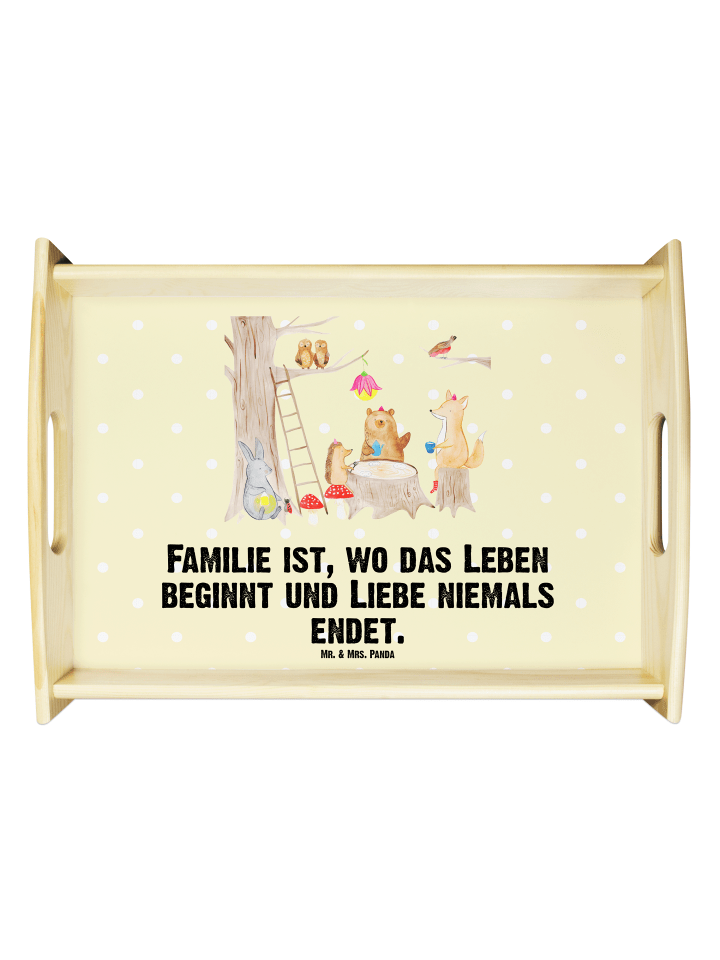 Holz Tablett Waldtiere Picknick mit Spruch in Gelb Pastell