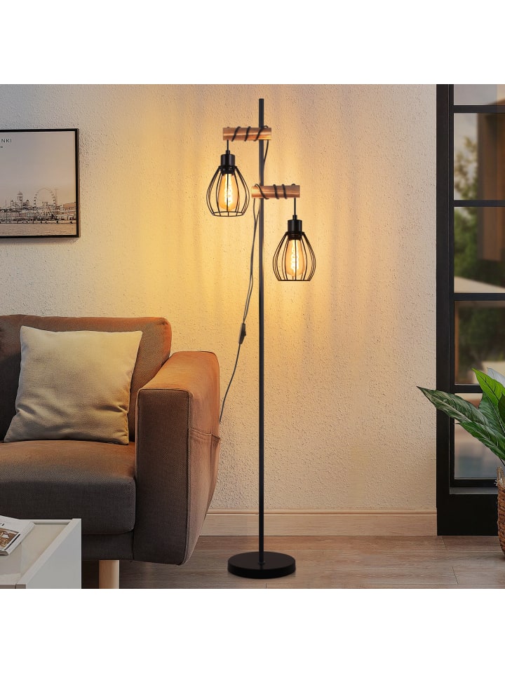 Stehlampe 2-flammige E27 in schwarz B 14cm Holz und Metall